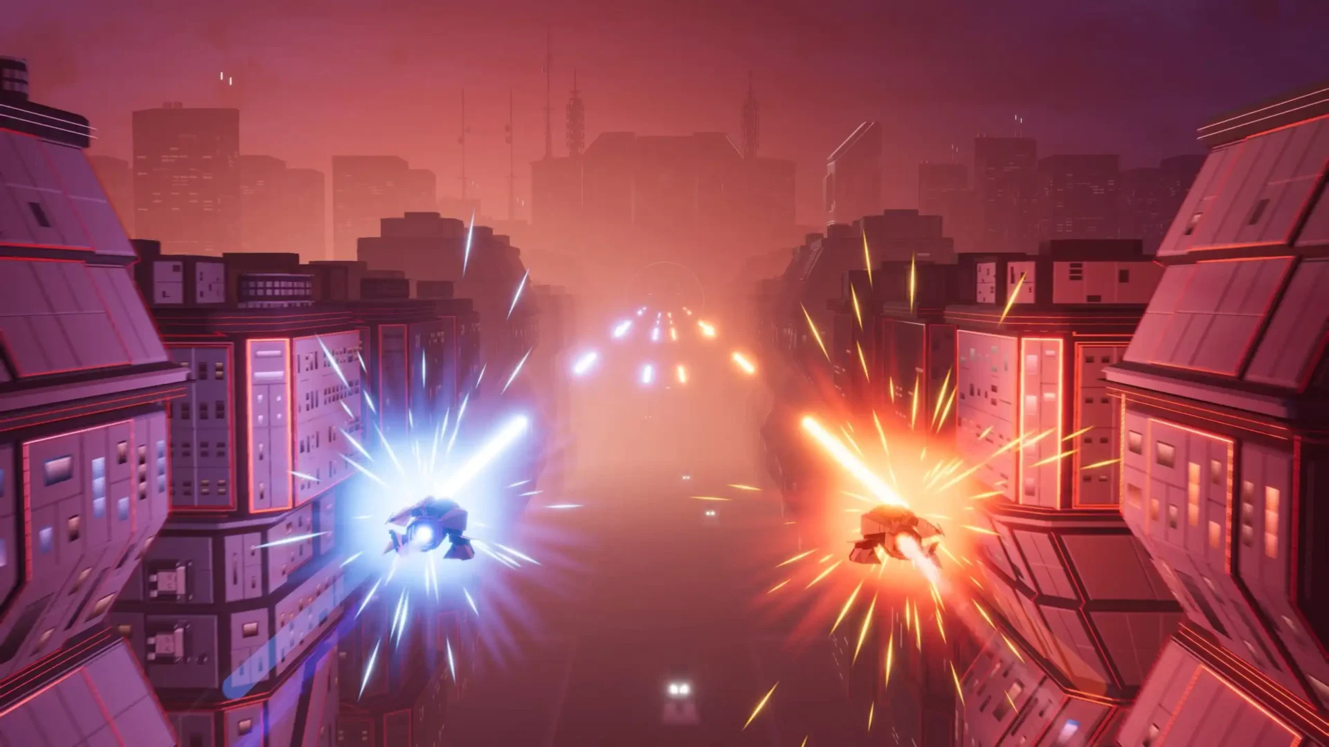 Aaero2 co-op gameplay screenshot with blue and orange ships blasting through a neon-lit city canyon