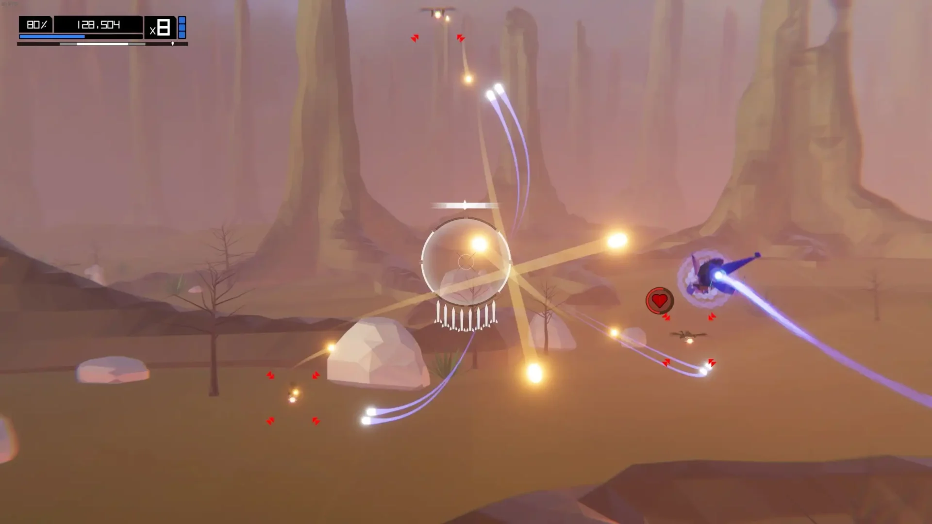 Aaero2 gameplay screenshot of a ship tracing a blue trail through a hazy desert canyon while locking on to enemies