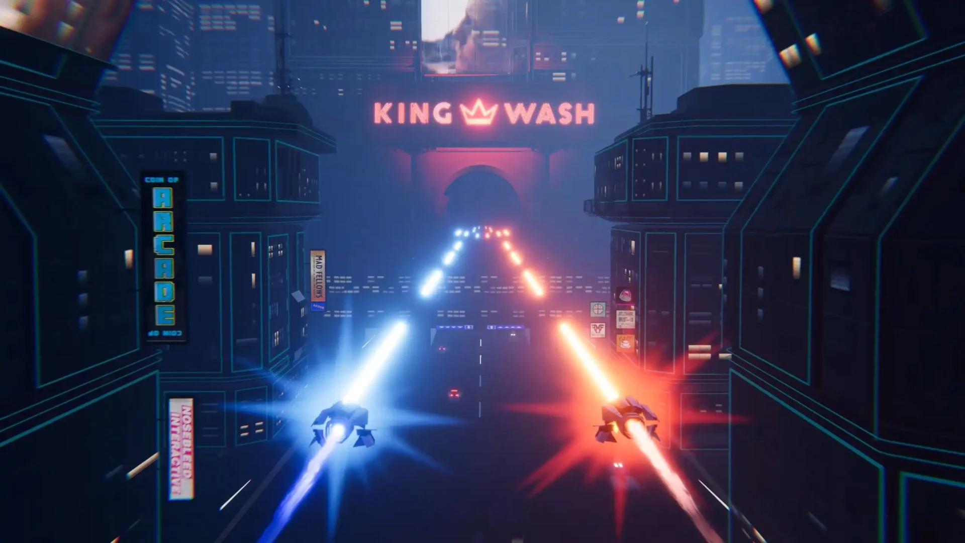 Aaero2 co-op screenshot with blue and orange ships racing through a neon city toward a King Wash sign