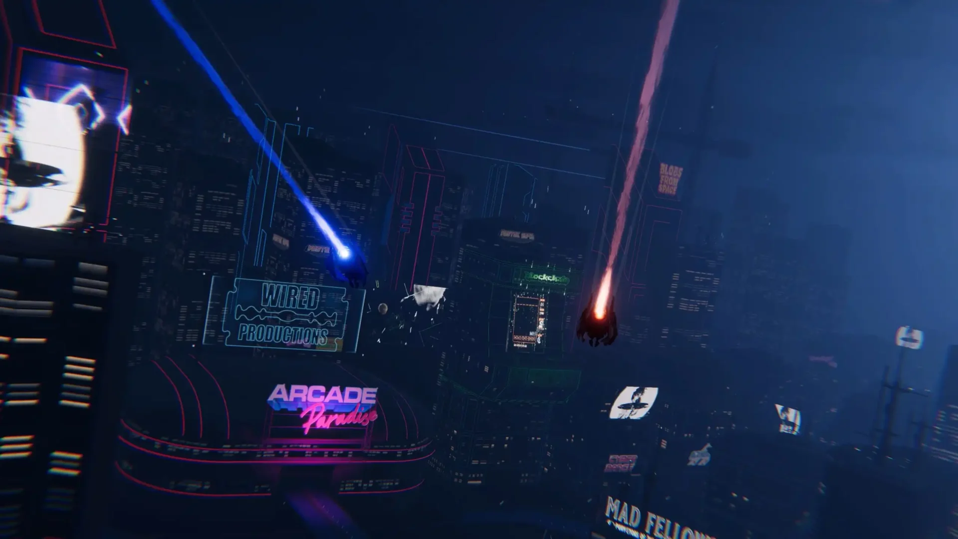 Aaero2 co-op screenshot with blue and red ships streaking over a neon city skyline filled with game billboards