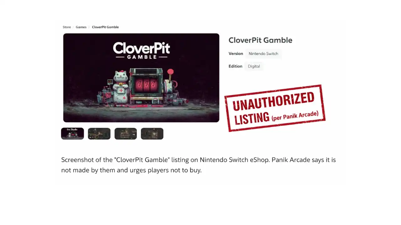 Screenshot of CloverPit Gamble listing on Nintendo Switch eShop marked as unauthorized per Panik Arcade
