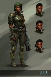 Concept art sheet of a colonial marine in green armor holding a rifle, with head studies.