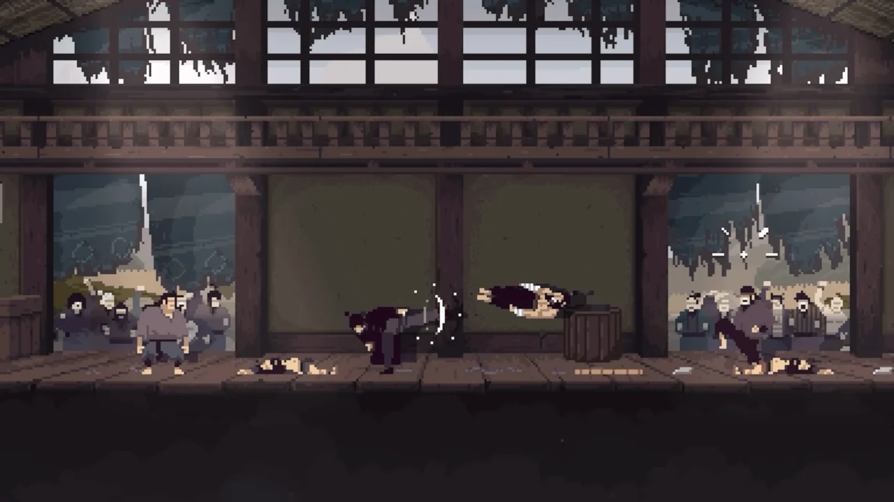 Forestrike gameplay screenshot showing a pixel-art dojo fight with multiple opponents on both sides.