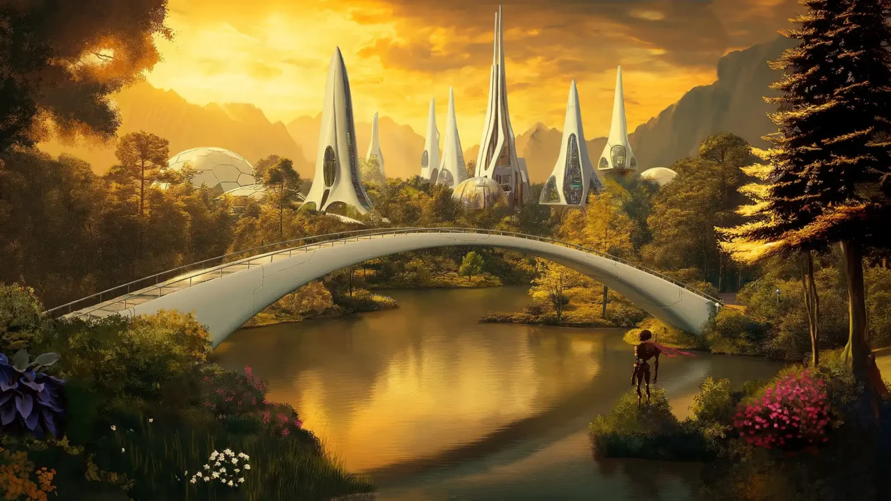 Futuristic white spires beyond an arched bridge over a calm pond at golden hour.