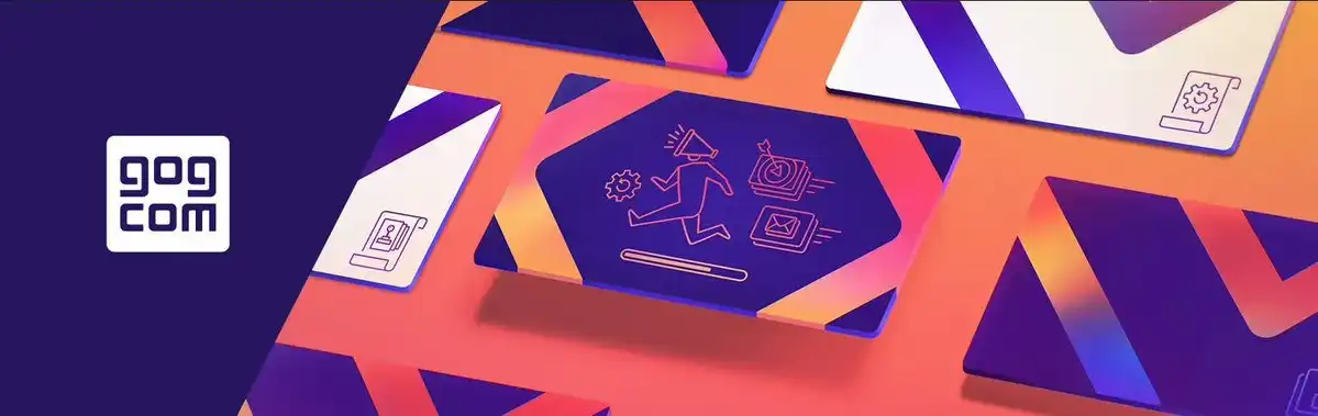 GOG.com logo beside a purple-and-orange banner with floating cards and simple line icons (settings, user, email).