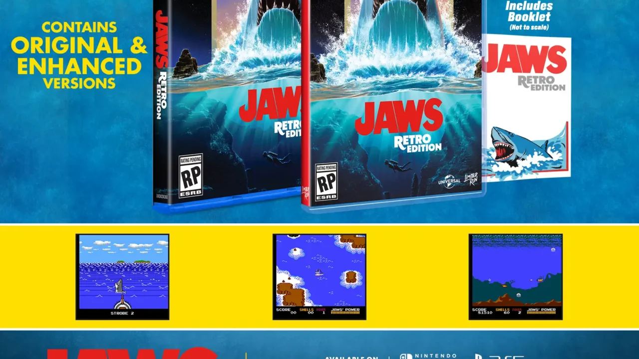 Jaws Retro Edition PS5 and Nintendo Switch physical boxes with the shark key art, booklet, and NES gameplay screenshots underneath.