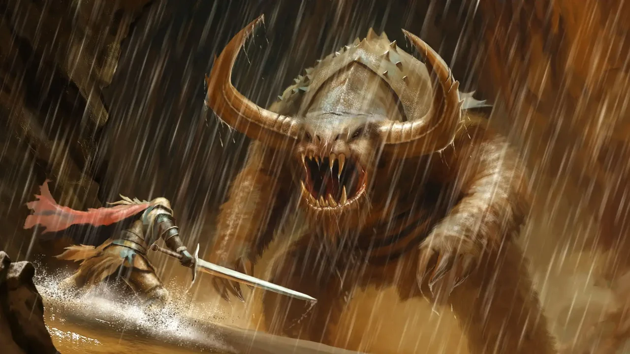 Armored knight with drawn sword facing a giant horned beast in heavy rain.