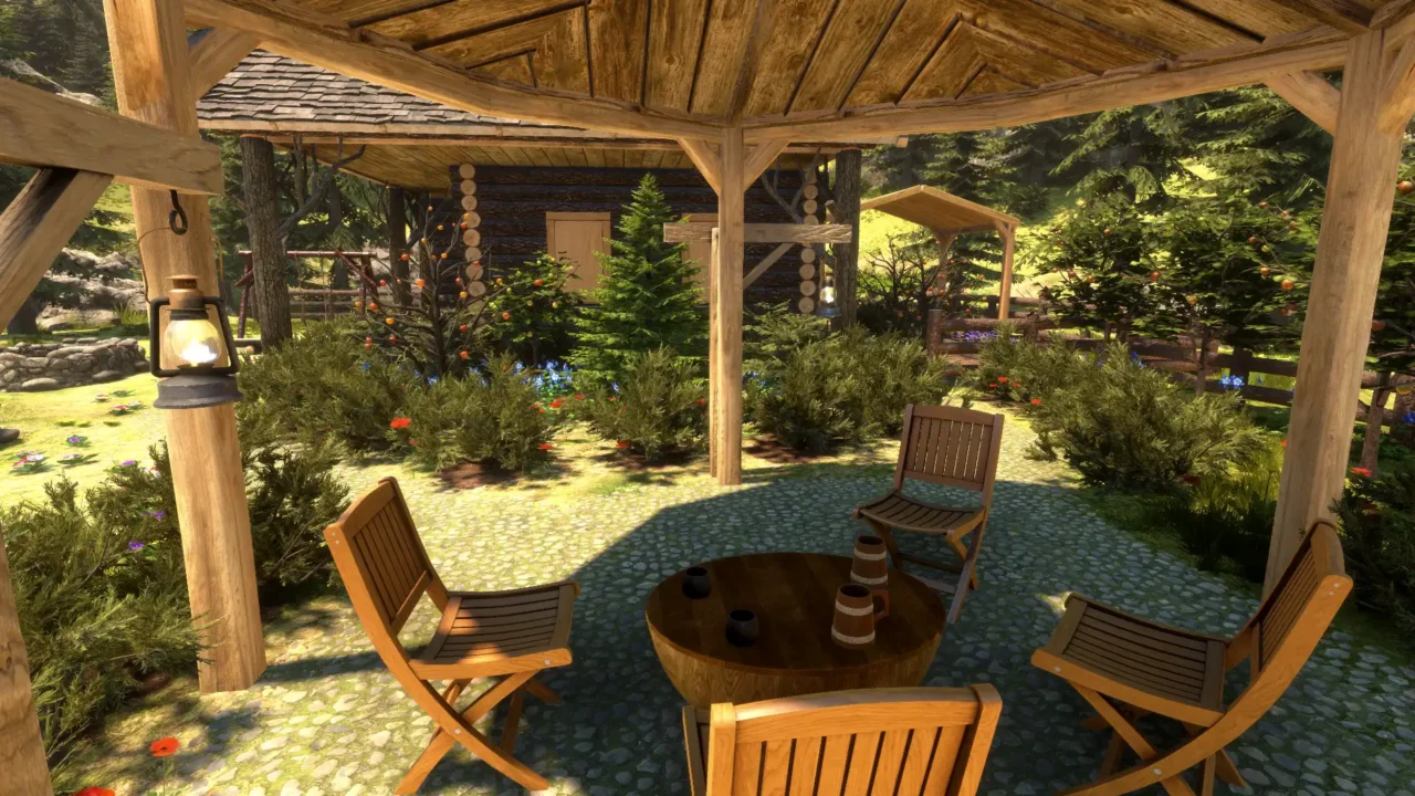 Covered patio with wooden chairs around a small round table, looking out onto a lush garden and cabin in Log Away.