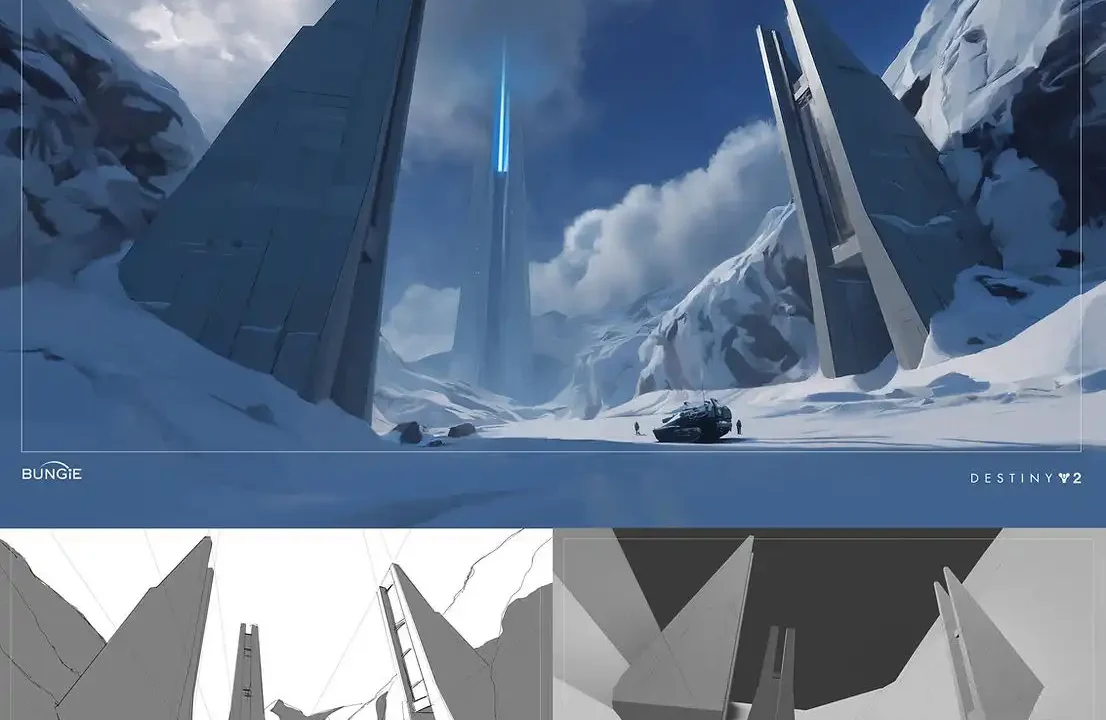Bungie Destiny 2 environment concept sheet showing a snow valley with towering angular monoliths and a distant blue beam, with three grayscale composition studies below.