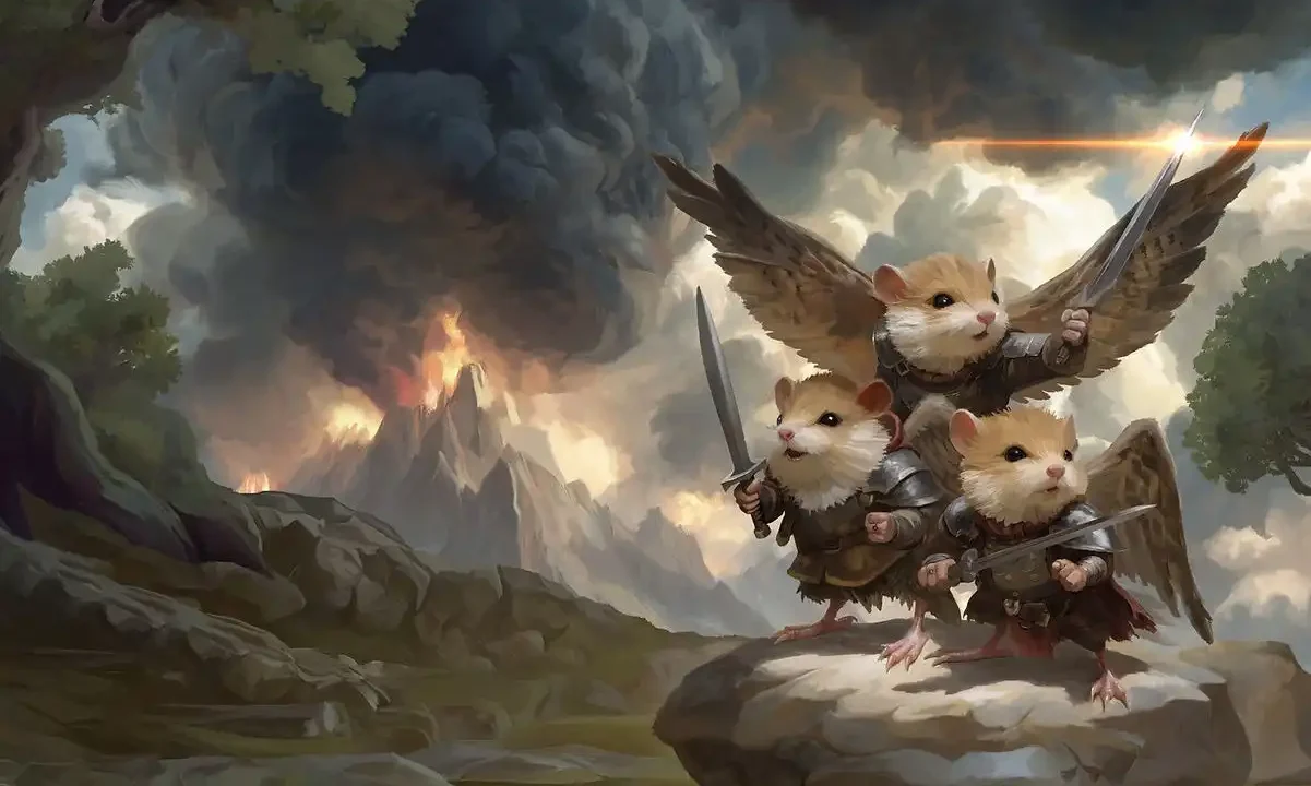 Three winged mouse warriors in armor stand on a rock with swords raised as storm smoke and fire rise over distant mountains.