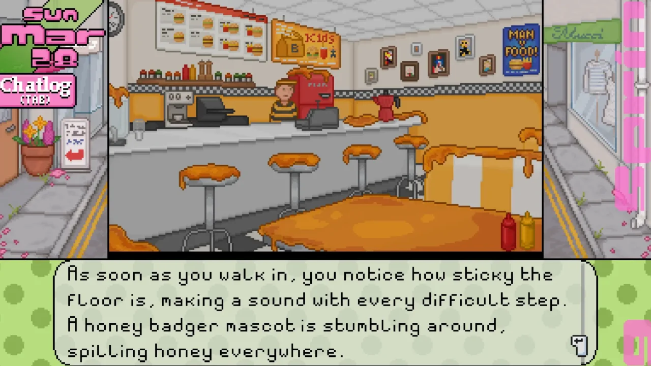 Pixel art diner scene in Millennium Whisper with honey dripping over the counter, stools, and tables while a honey badger mascot stumbles around.