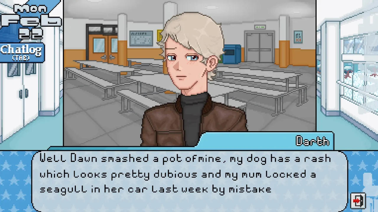 Millennium Whisper school cafeteria scene with the character Darth talking about smashed pots, a sick dog, and a seagull locked in a car.