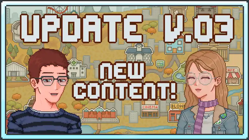 Promotional banner for Millennium Whisper update v0.3 showing two main characters and text that reads “UPDATE V.03 – NEW CONTENT!” over a town map background.