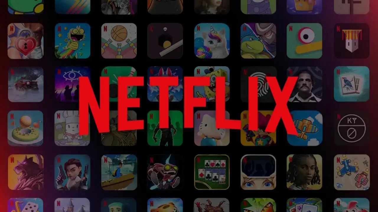 Netflix logo over a grid of mobile game icons from the Netflix Games catalog