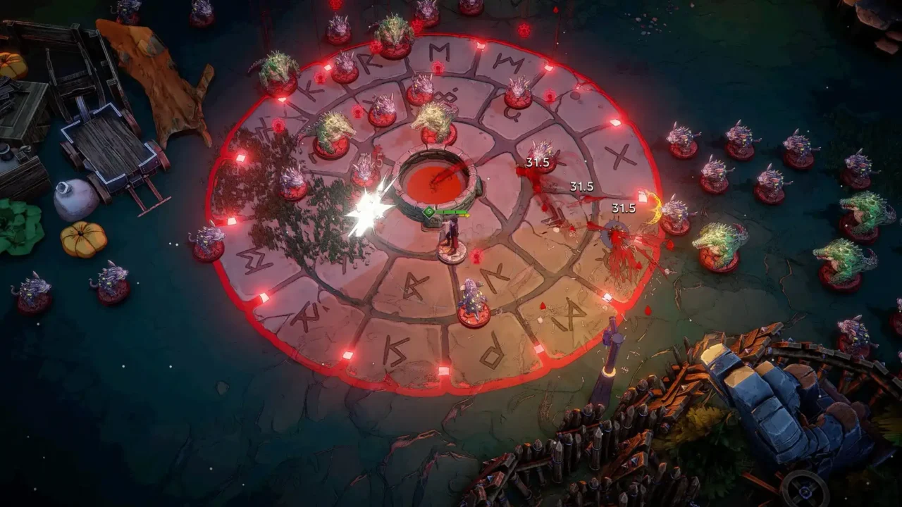 Night Swarm gameplay showing a vampire character fighting a swarm around a glowing red runic circle