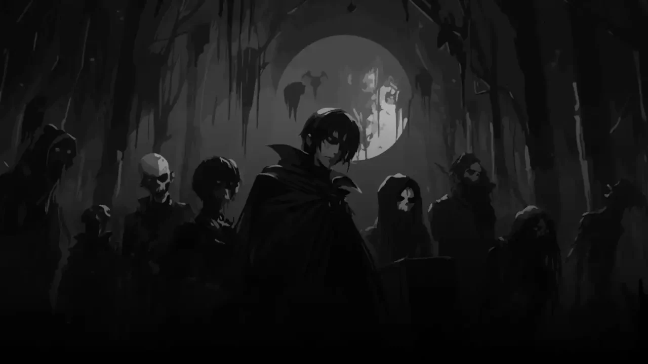 Night Swarm key art showing a cloaked vampire figure under moonlight with shadowy enemies behind