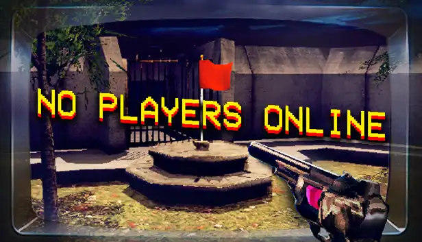 First-person view of an empty capture the flag arena in No Players Online with a red flag and the text "NO PLAYERS ONLINE" on screen
