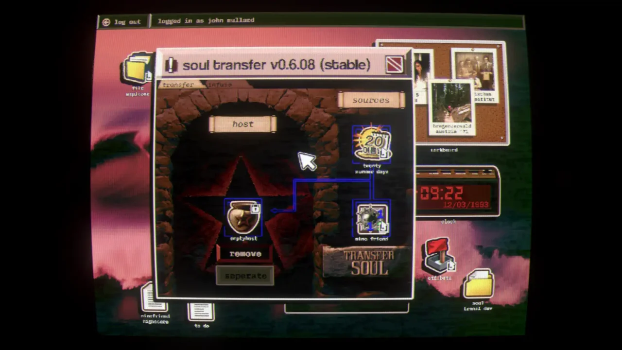 Retro desktop screen in No Players Online showing the "soul transfer v0.6.08" program with a pentagram gateway and connected icons