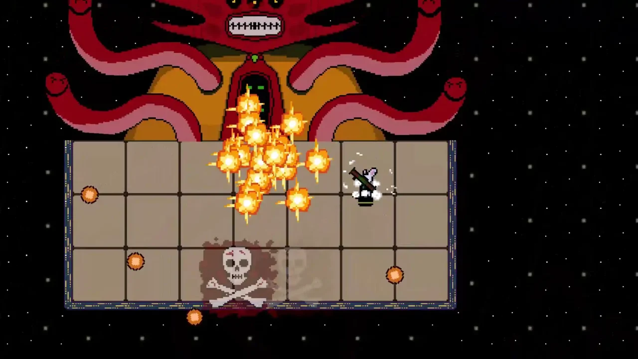 Overkill Squad boss fight against a huge red tentacled creature in space, dodging a dense pattern of explosive fireballs.
