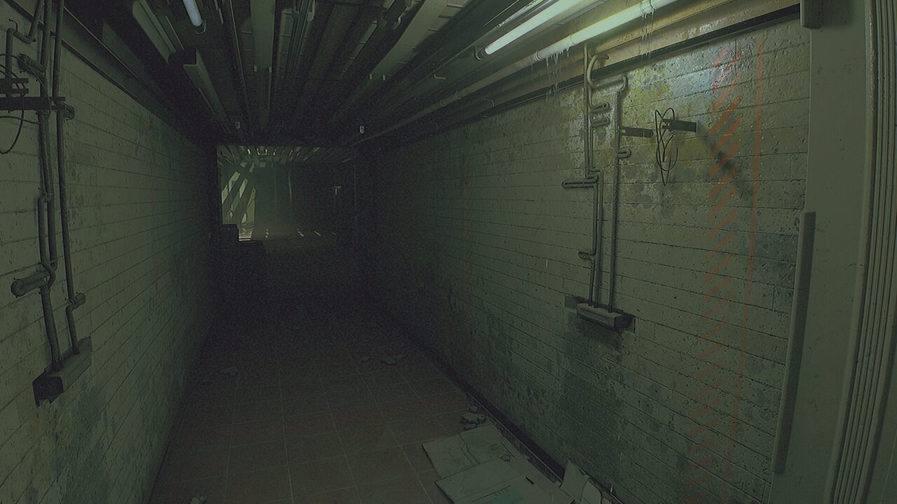 Routine screenshot of a dim lunar facility corridor with exposed pipes and flickering lights