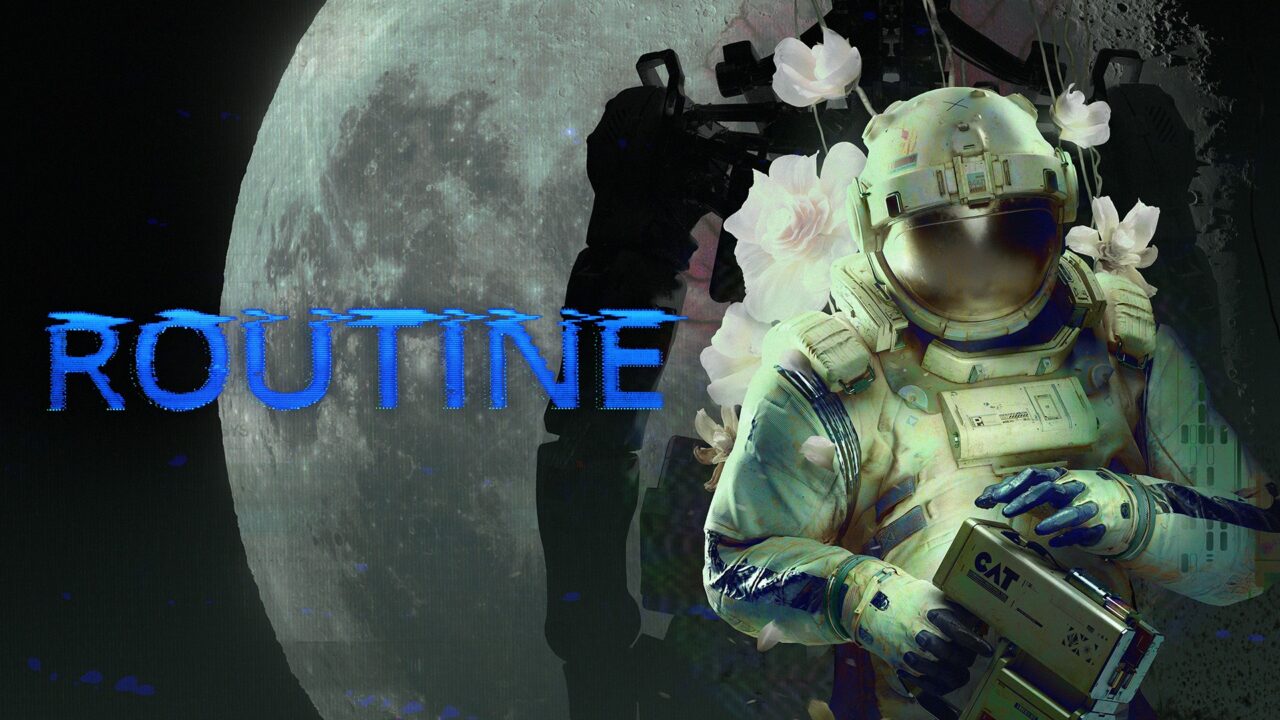 Routine key art showing an astronaut holding the C.A.T. device against a lunar backdrop