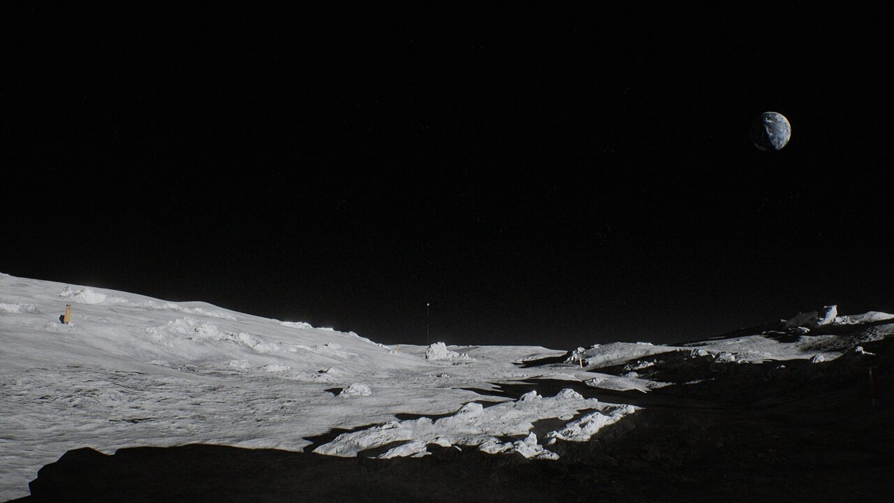 Routine screenshot of the lunar surface at night with Earth visible on the horizon