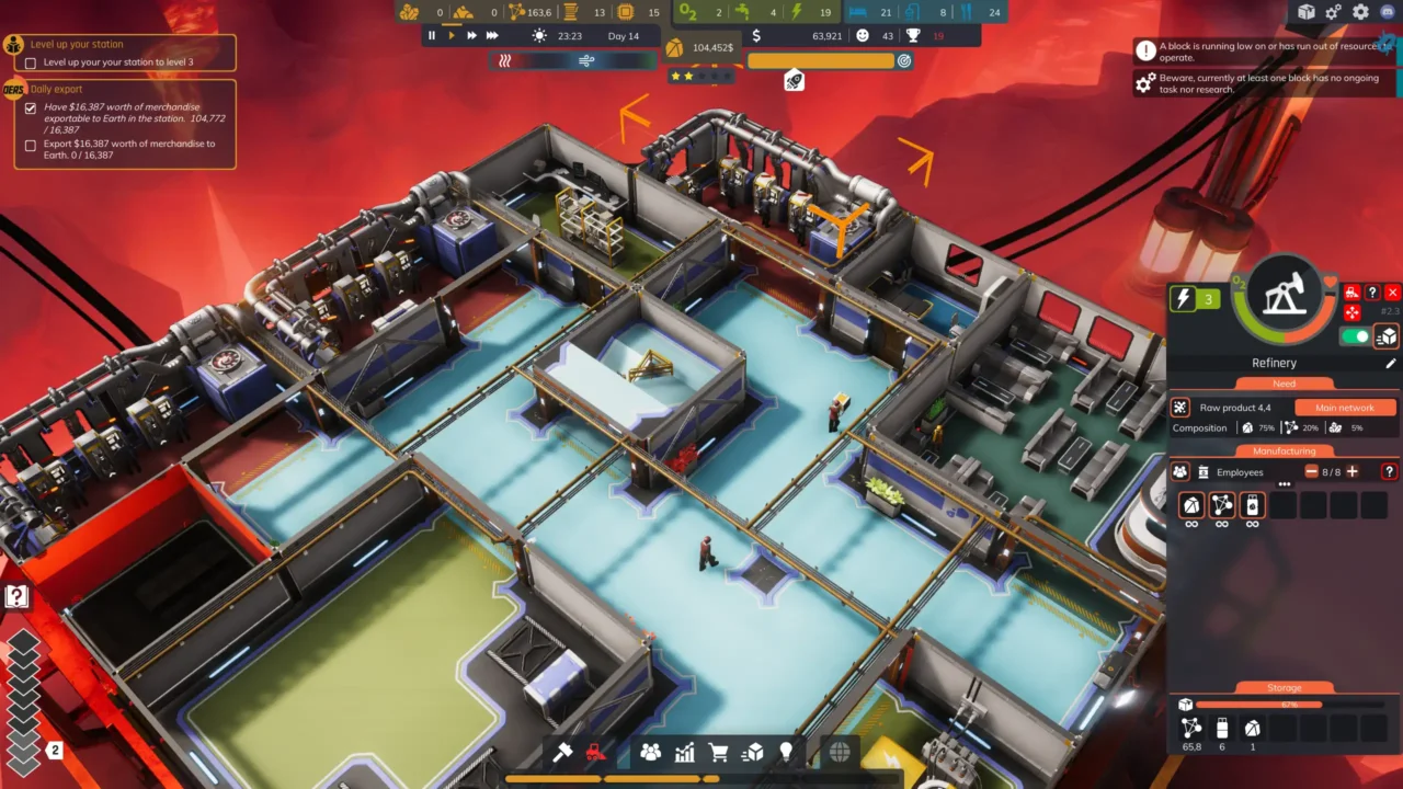 Isometric view of a refinery floor in Space Drilling Station, with workers moving through bright corridors and machinery above a lava planet.