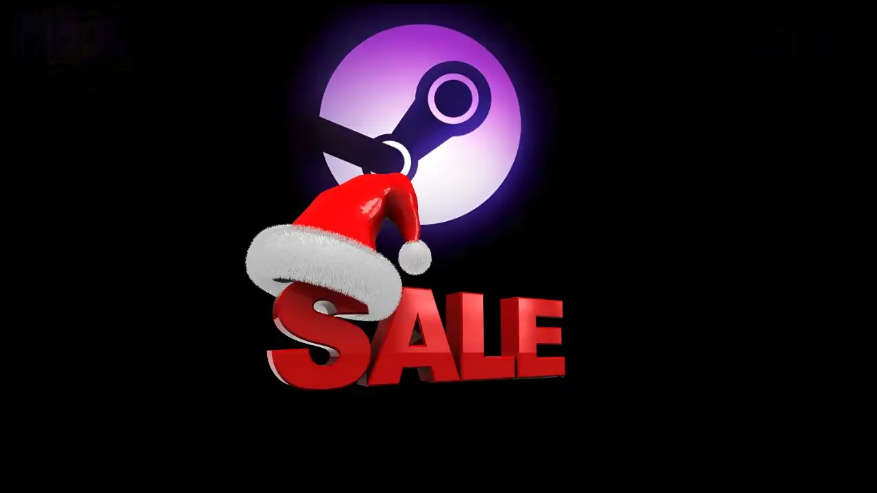 Steam logo with a Santa hat above the word “SALE” on a dark background.