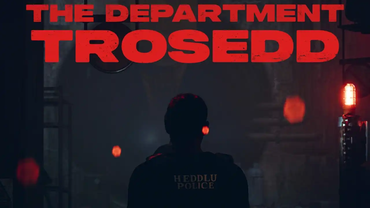 Key art for The Department: Trosedd showing a Heddlu police officer from behind in a dark industrial tunnel lit by red warning lights.