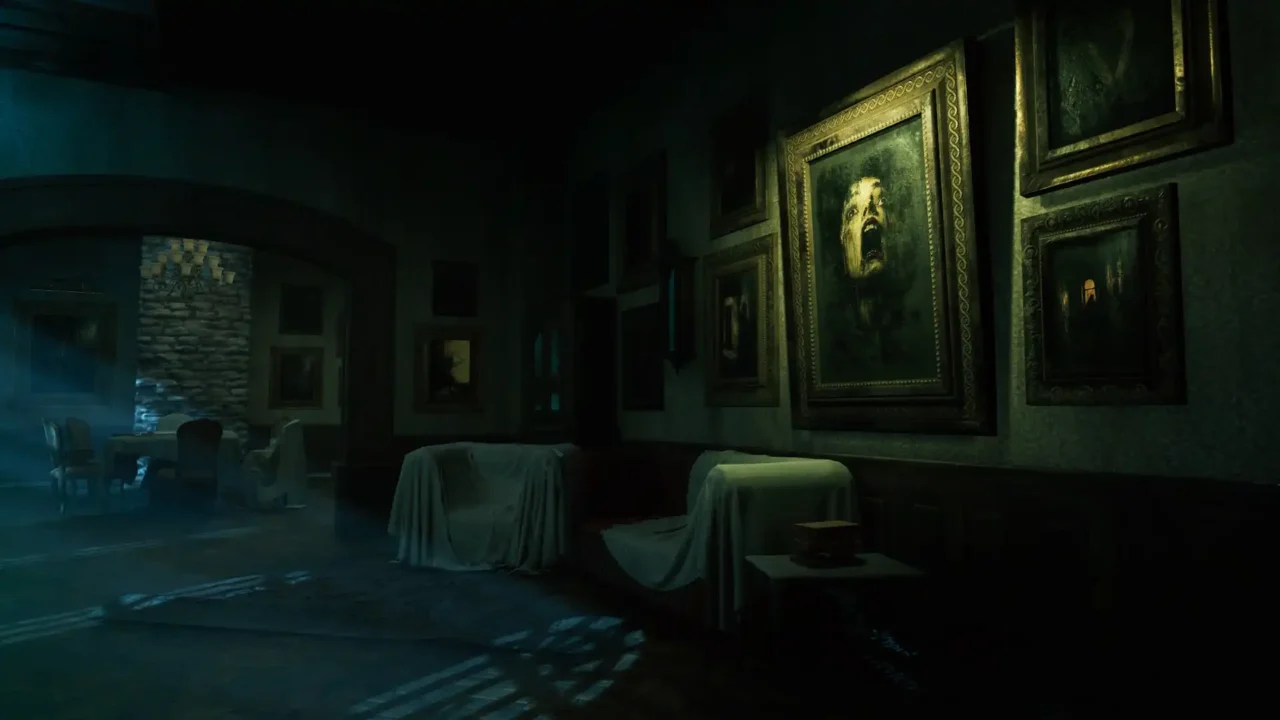 Haunted parlour with covered furniture and a screaming portrait on the wall in The Last Case of John Morley