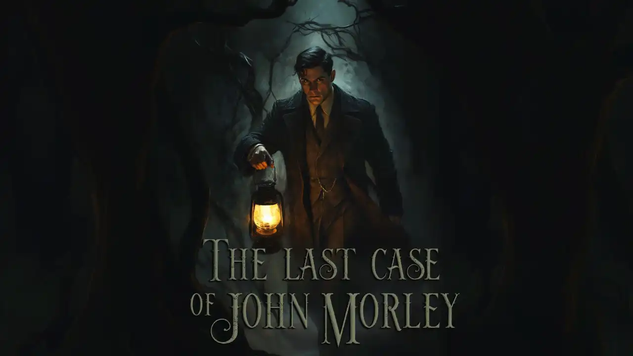 Key art for The Last Case of John Morley showing detective John Morley holding a lantern in a dark forest