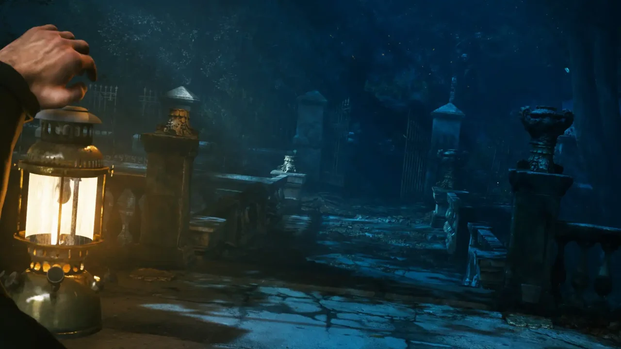 First-person view of John Morley holding a lantern while approaching a graveyard gate at night in The Last Case of John Morley