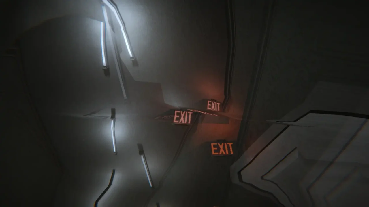 Multiple glowing EXIT signs appear warped and duplicated along a dim corridor wall in The Liminal Dimension