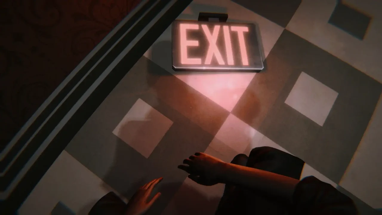 First-person view looking down at a checkered floor beneath a glowing EXIT sign in The Liminal Dimension