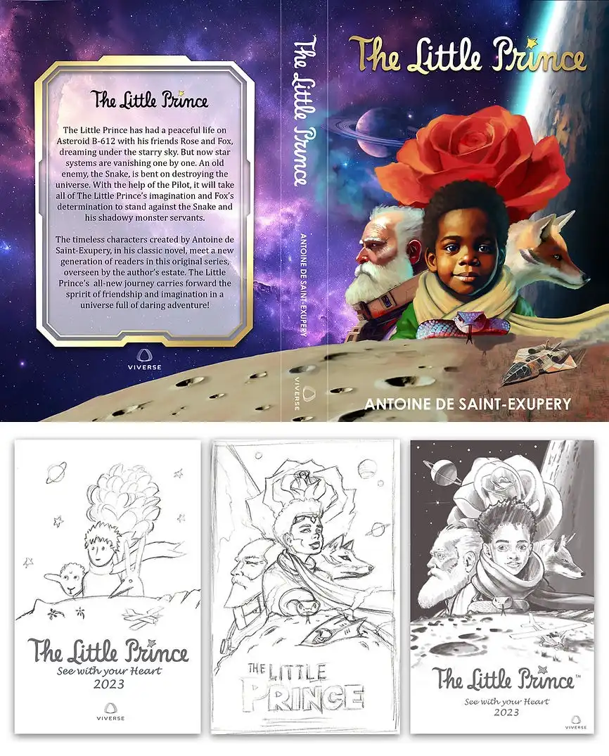 The Little Prince cover spread with character illustrations and three black-and-white sketch drafts.
