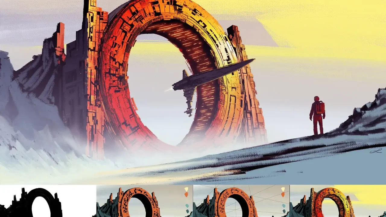 Sci-fi traveler facing a massive circular gate structure, with a ship passing through the ring.