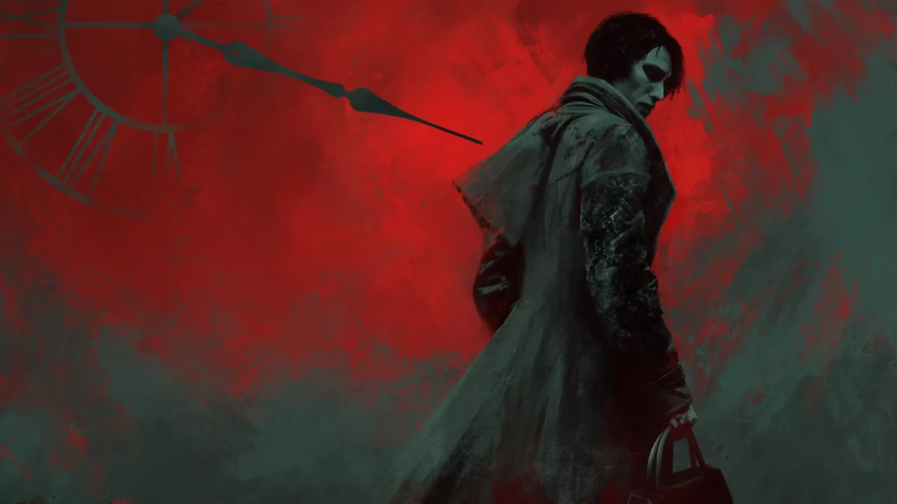 Official key art showing Daniil Dankovsky (the Bachelor) holding his mask with a red clock backdrop for Pathologic 3.