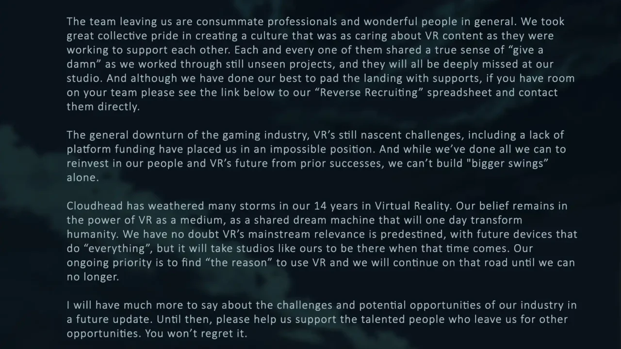 A message from Denny Unger, CEO of Cloudhead Games, announcing a workforce reduction due to industry challenges.