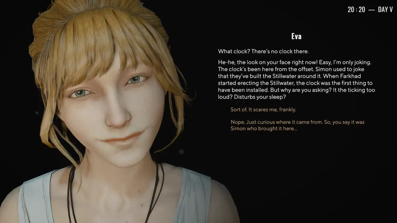 Close-up dialogue scene with Eva smiling and speaking to the player in Pathologic 3.