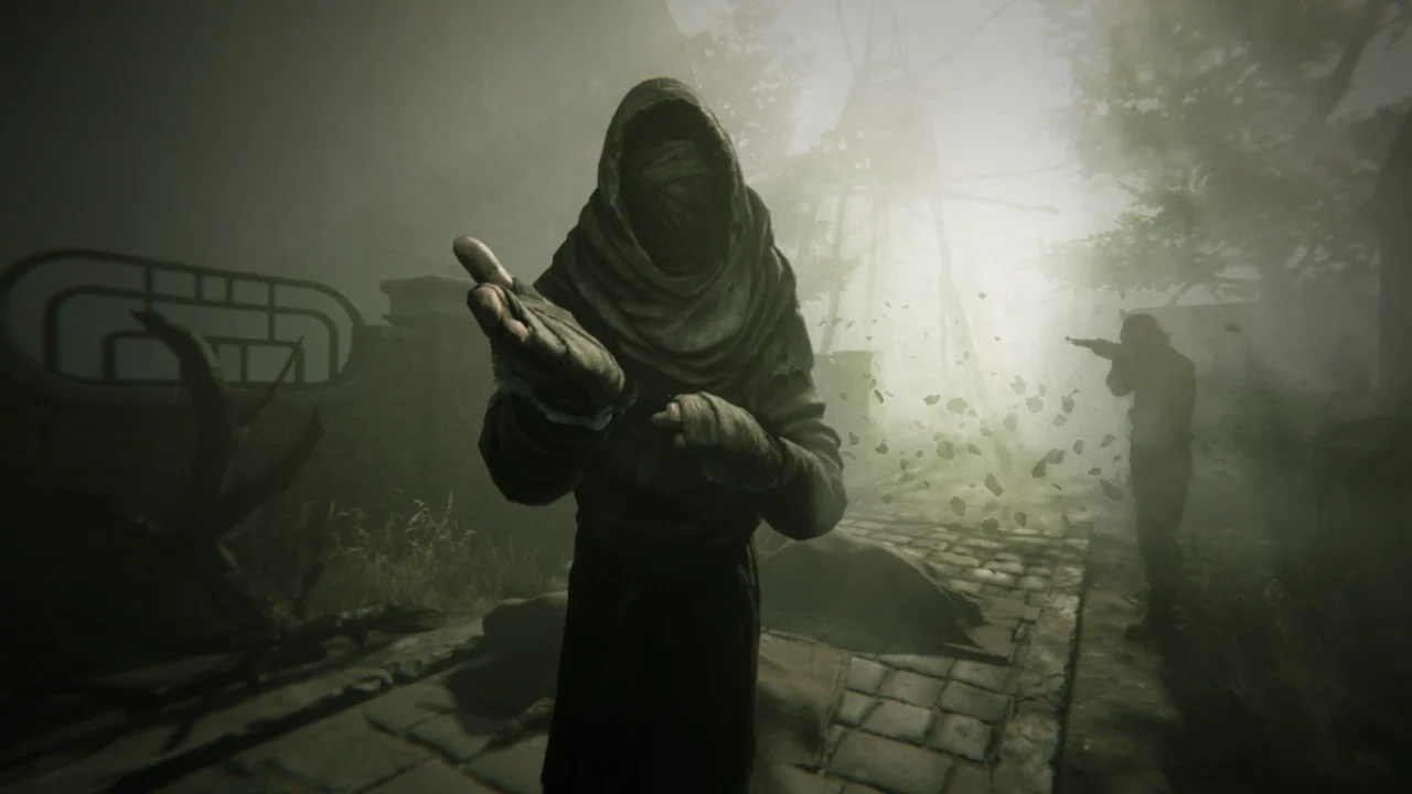 A hooded plague-masked figure extends a hand in a foggy street while another person aims a rifle in the distance, from Pathologic 3.