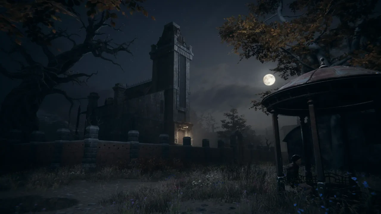 Moonlit view of the Stillwater tower surrounded by trees and an empty gazebo in Pathologic 3.