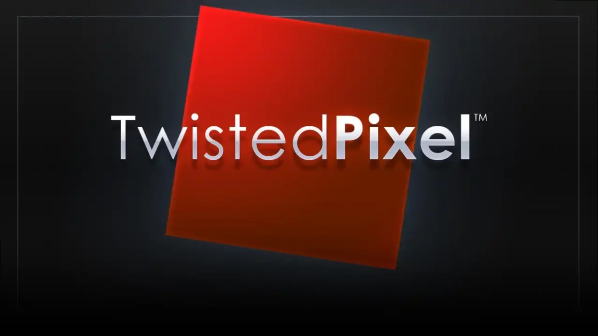 Twisted Pixel Games logo with white text over a tilted red square on a dark background