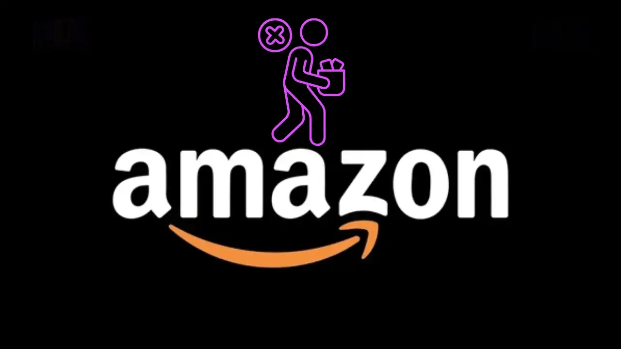 Amazon logo on a black background with a purple outlined “laid off” icon above it (person holding a box with an X symbol).