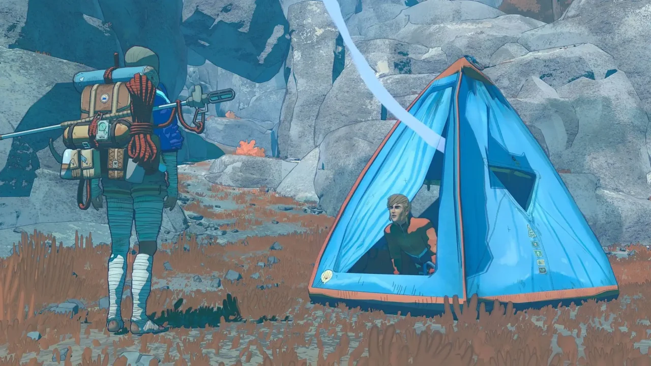 Cairn screenshot of a climber with heavy gear standing beside a blue tent in a rocky campsite