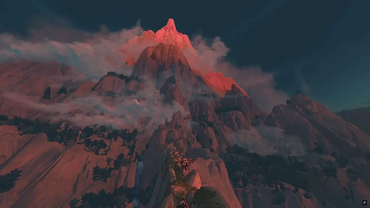 Cairn screenshot of a towering mountain peak glowing red at dusk with clouds wrapping the cliffs