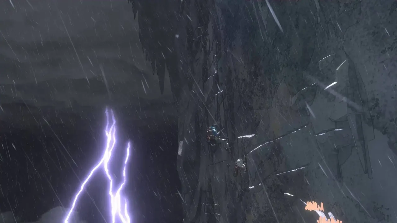 Cairn screenshot of a climber on a cliff during heavy rain with lightning striking nearby
