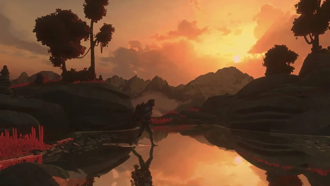 Cairn screenshot of a climber walking through shallow water at sunset with mountains reflected on the surface