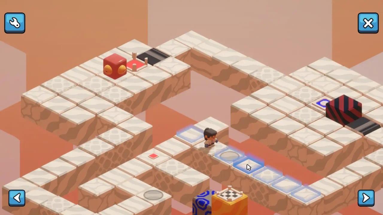 Multi-tier walkway with switches and blockers leading toward a teleporter receiver.