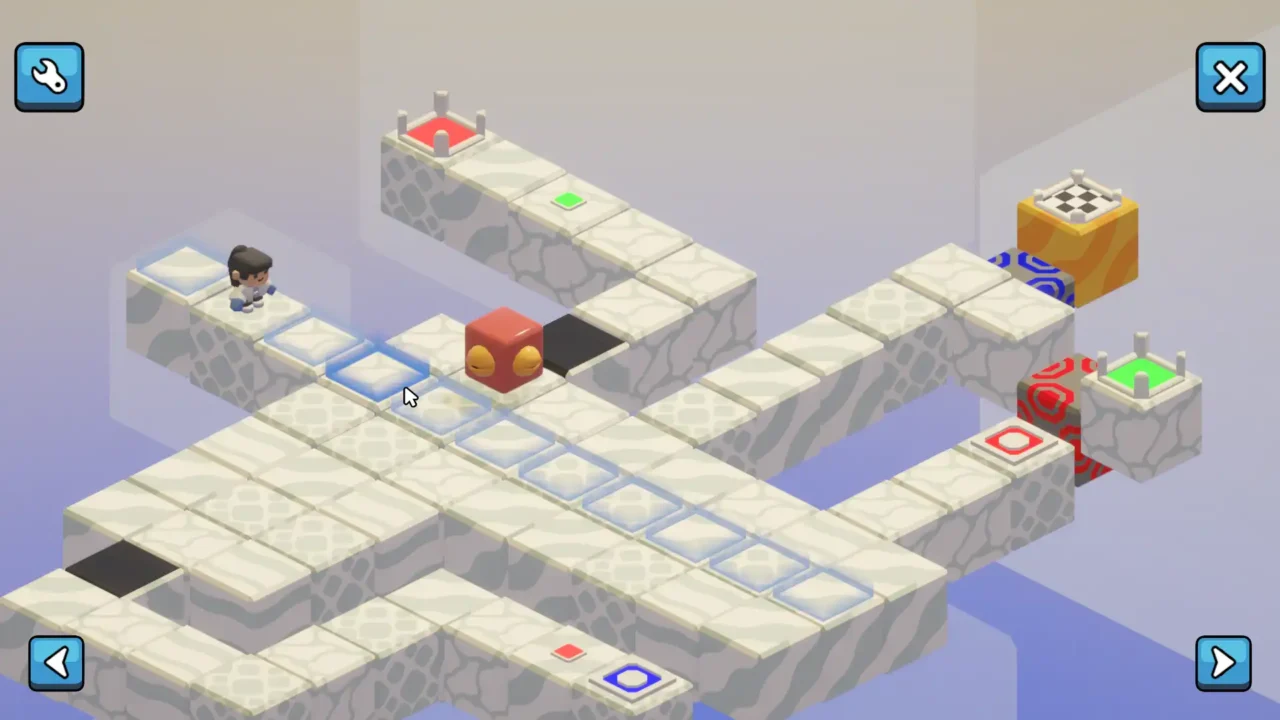 Teleporter path puzzle with a roaming red enemy cube, switches, and the goal platform ahead.
