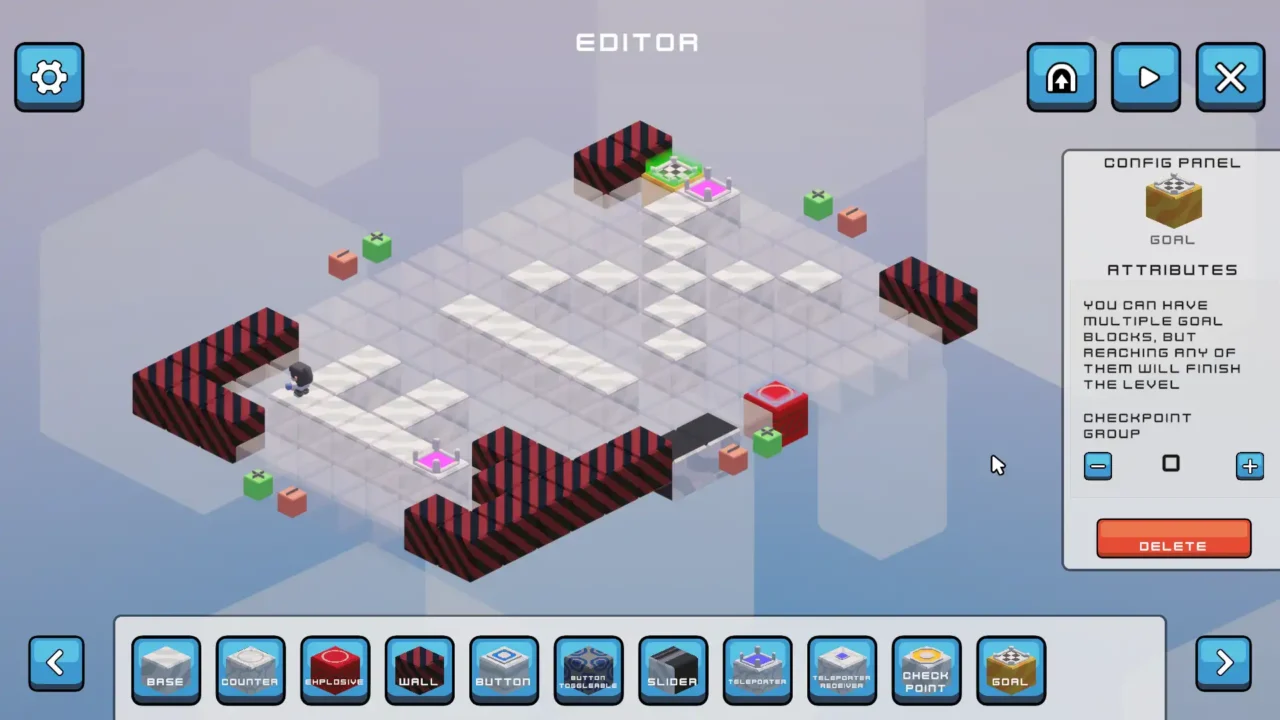 Level editor interface with block palette, grid layout, and goal configuration panel.